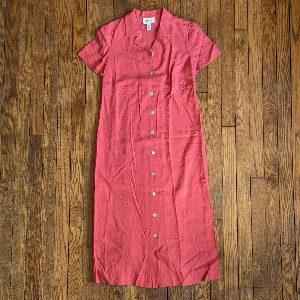 Vintage 90's 00's Linen Blend Button-front Midi Short Sleeve Dress